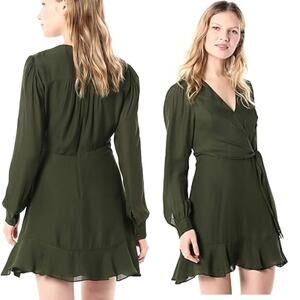 NWT Parker 4 Miles $348 Wrap-Front Long-Sleeve Flounce Dress Green